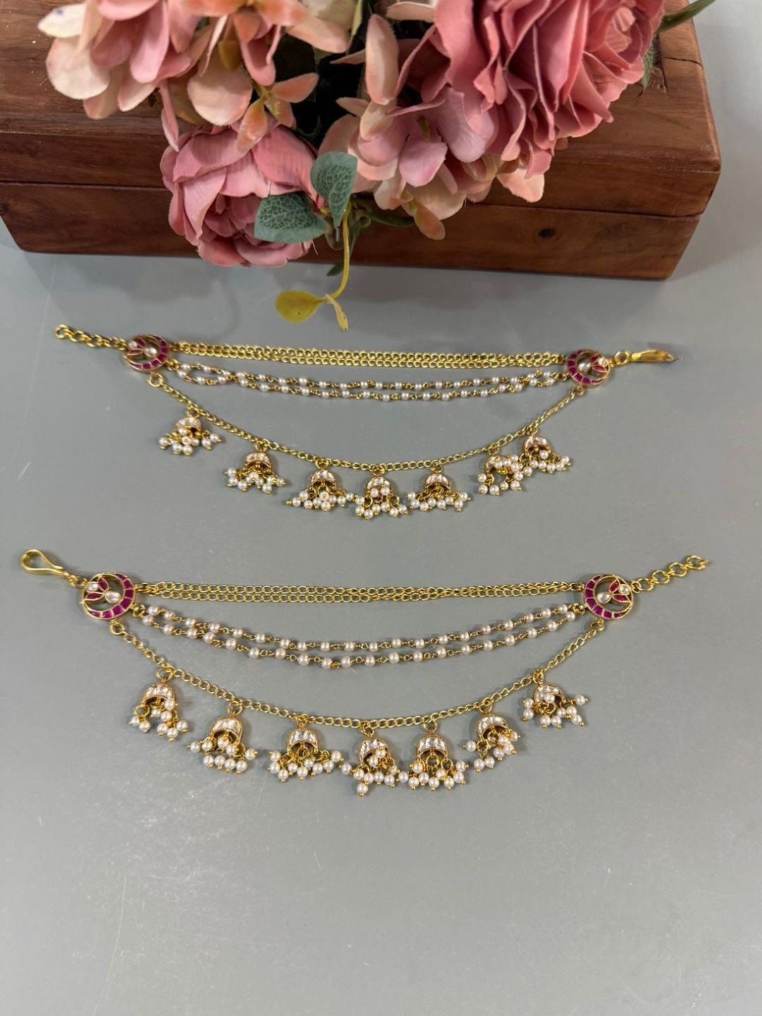 Ishhaara Gold Antique Finish Floral Side Ear Chain