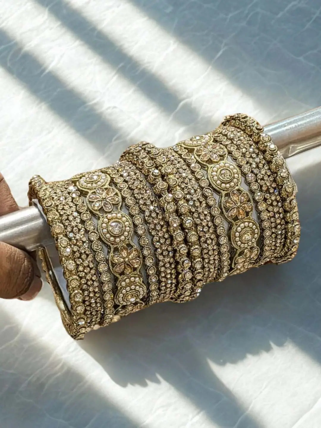 Gold Bangle Set With Kundan Pearl Kada - Main Image