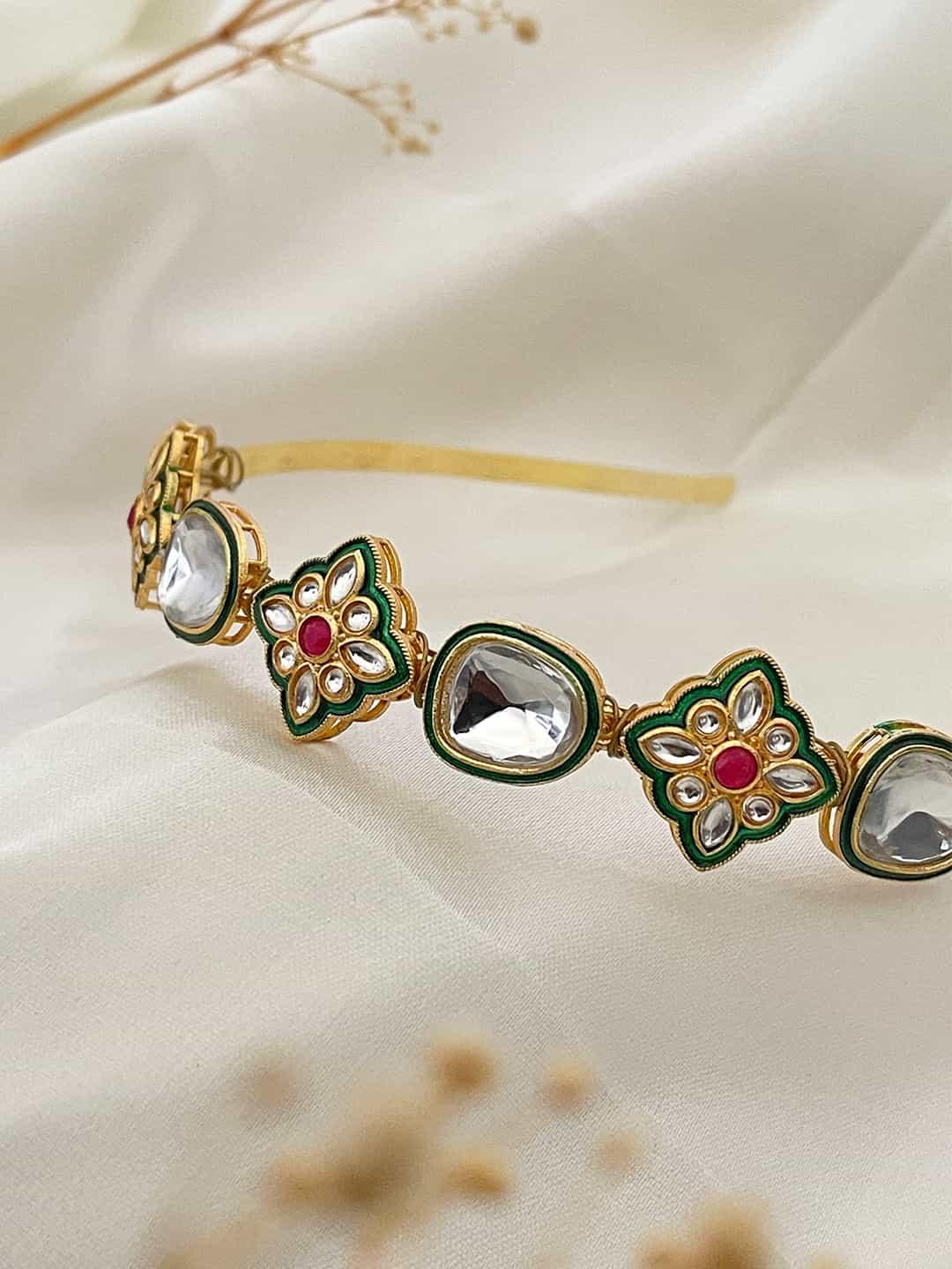 Ishhaara Gold Finish Emerald Stone & Kundan Polki Hairband