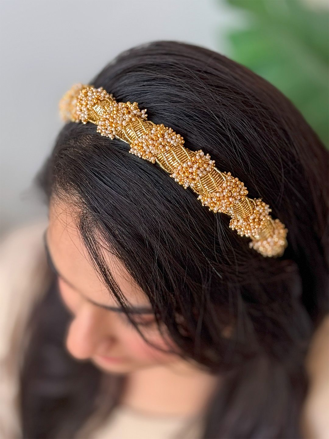 Ishhaara Gold Finish Handcrafted Hairband With Semi Precious Stone