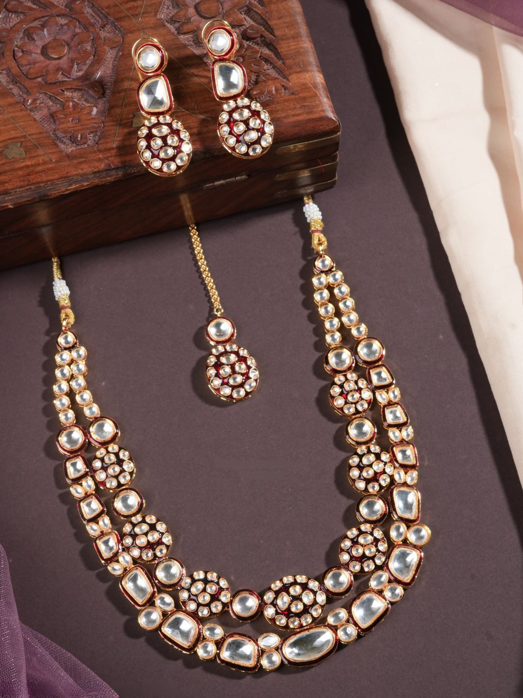 Buy Gold Finish Red Kundan Polki Handmade Long Necklace Set Online