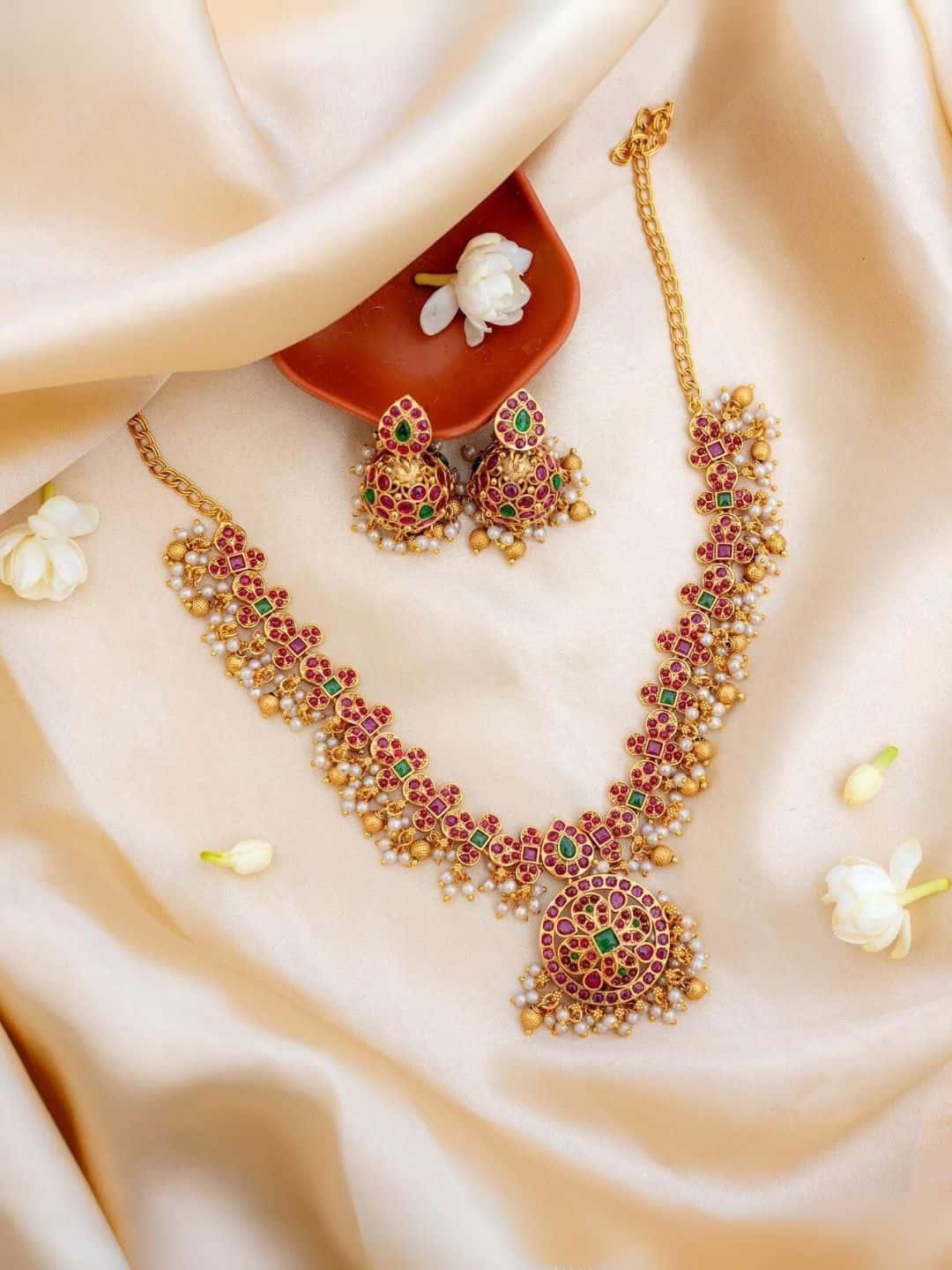 Ishhaara Gold Plated Gorgeous Red Green Designed Traditional Jewellery Set
