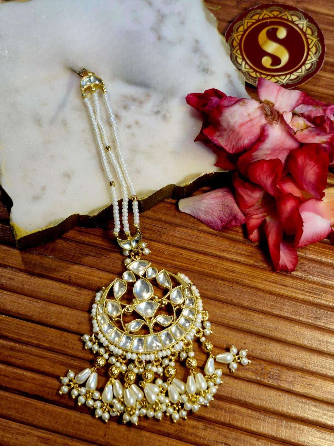Gold Plated Kundan And Pearls Drop Maangtikka - Main Image