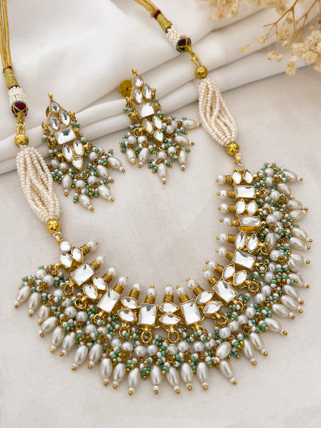 Gold Plated Pachi Kundan Studded Pearl Beaded Necklace Set