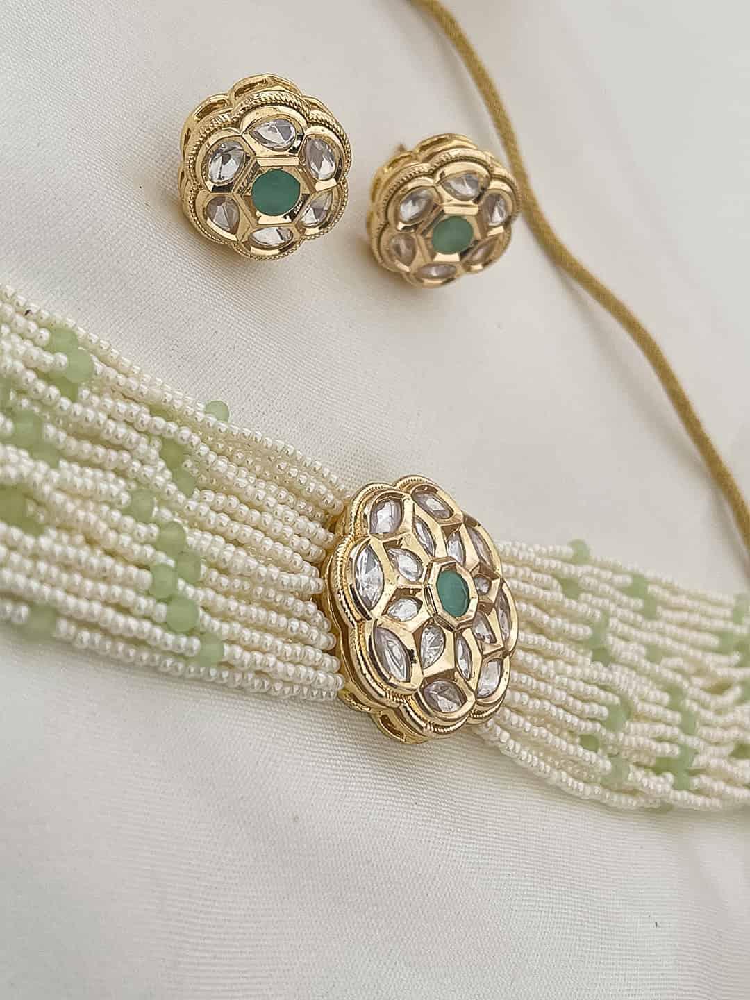 Ishhaara Gold Plated Polki Zirconia & Pearl Beaded Choker Set