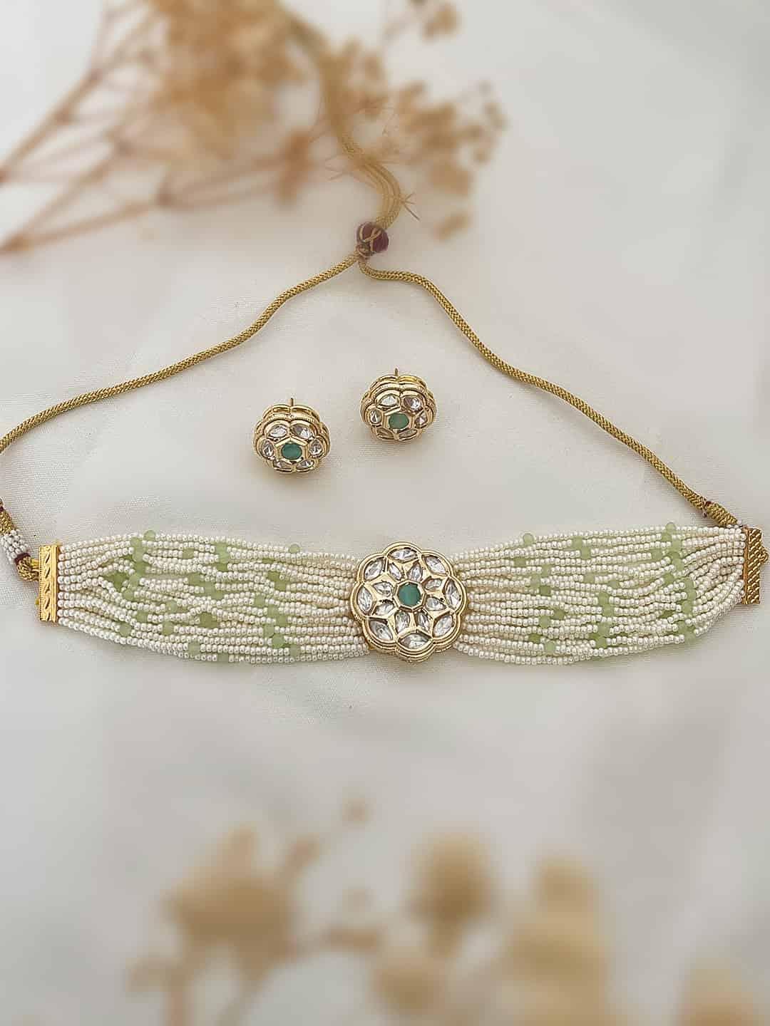 Ishhaara Gold Plated Polki Zirconia & Pearl Beaded Choker Set