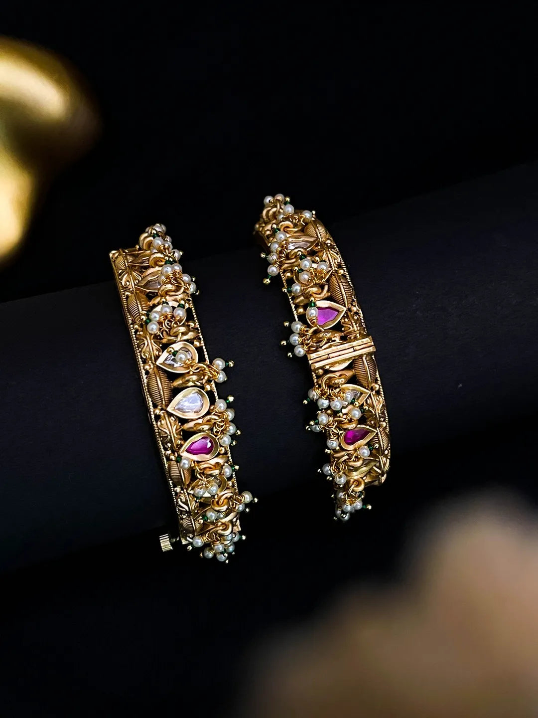 Ishhaara Gold Plated Stones And Pearls Statement Bangle