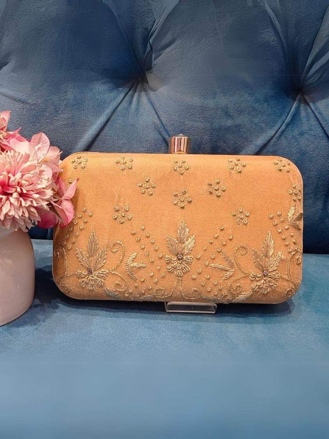 Buy Gold Velvet Zardosi Metal Box Clutch Online Ishhaara