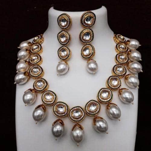 Ishhaara Black AD Meena Kundan Pearls Necklace And Earring Set