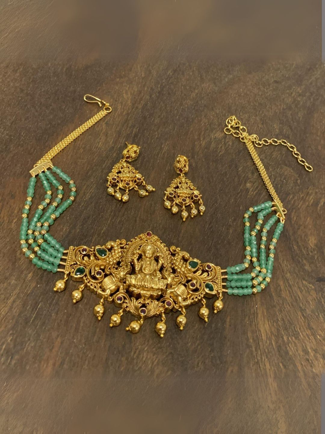 Simple Choker For Lehenga Green Beads Lakshmi Choker Necklace