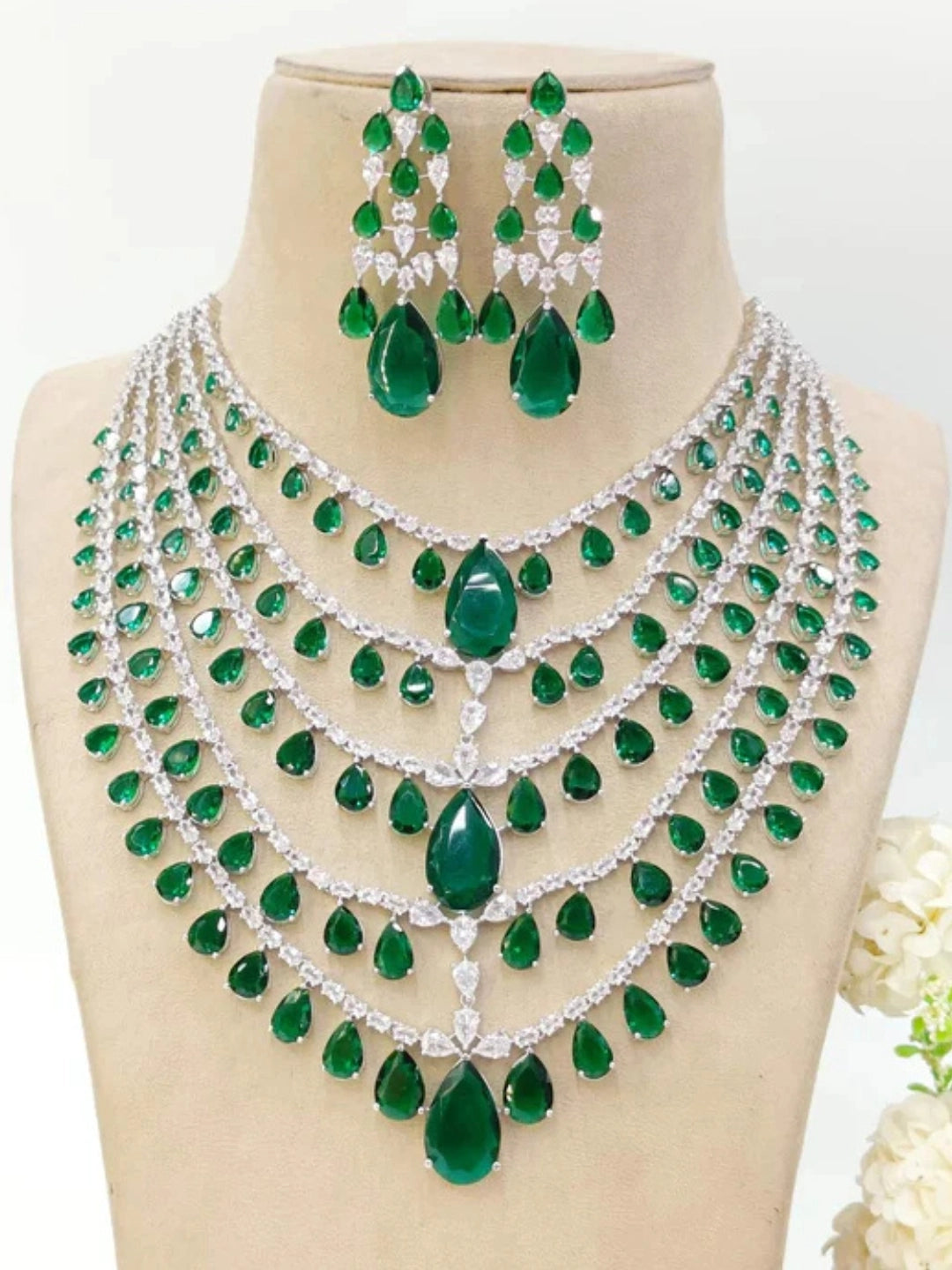 Ishhaara Green Charming Diamond Bridal Layered Necklace Set