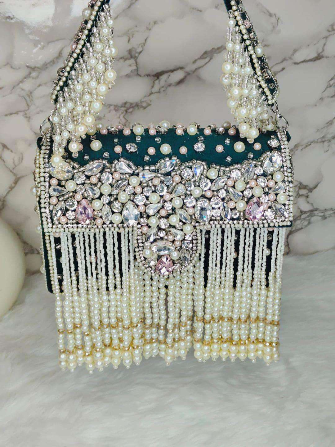 Ishhaara Designer Crystal And Pearl Work Flap Clutch