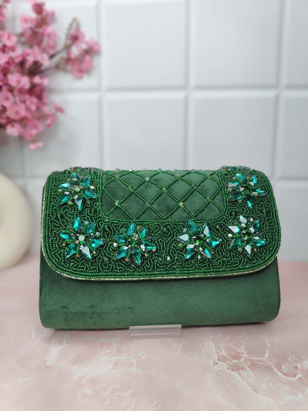 Ishhaara Green Designer Crystals Stone Seude Fabric Clutch Bag