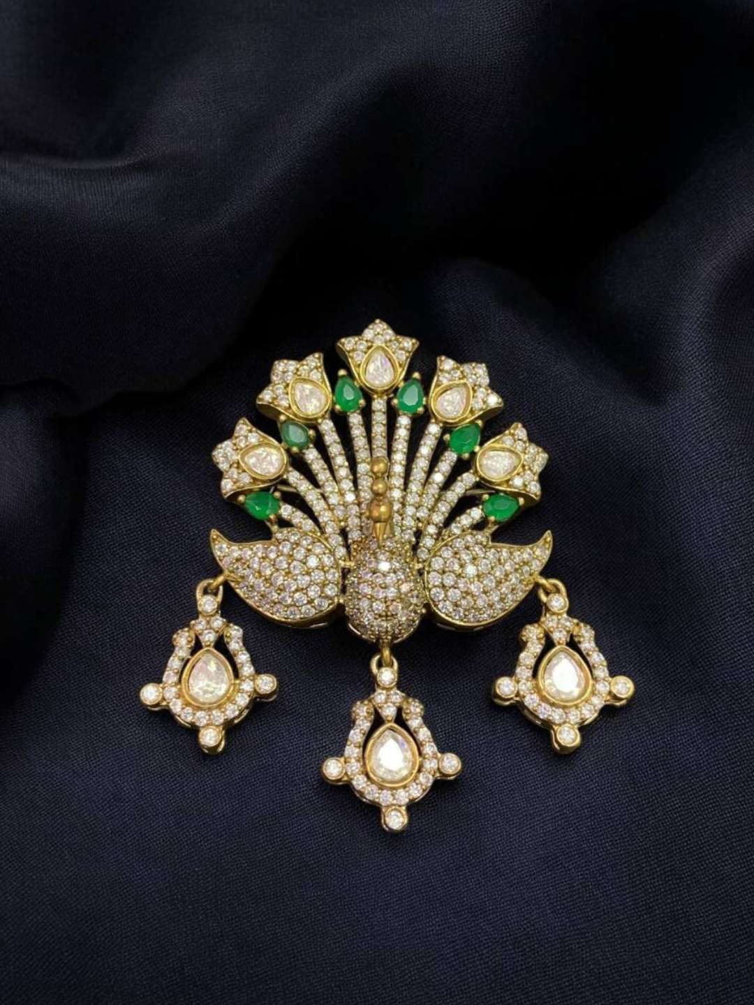 Ishhaara Green Designer Gold Plated Cz Peacock Brooch