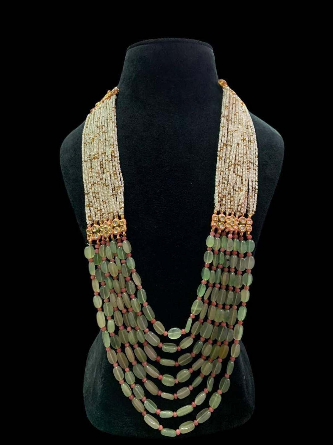 Designer Multilayered Long Pearls And Stone Beads Necklace