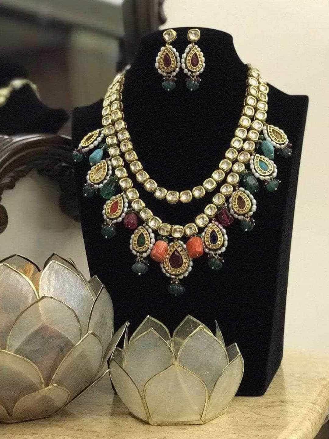 Double Layered Navratna Kundan Necklace - Main Image