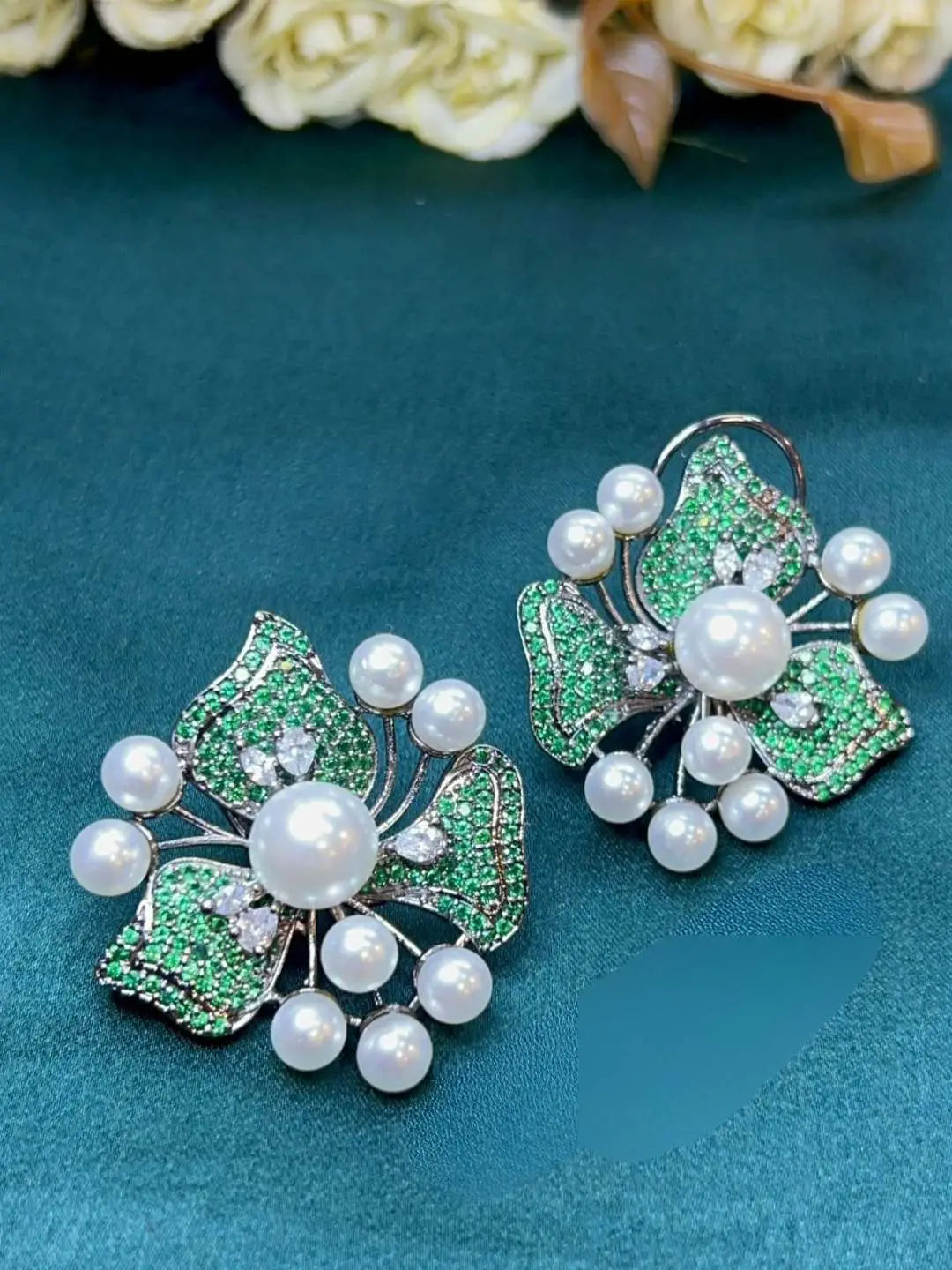 Ishhaara Green Elegant Flower Pearl Studs