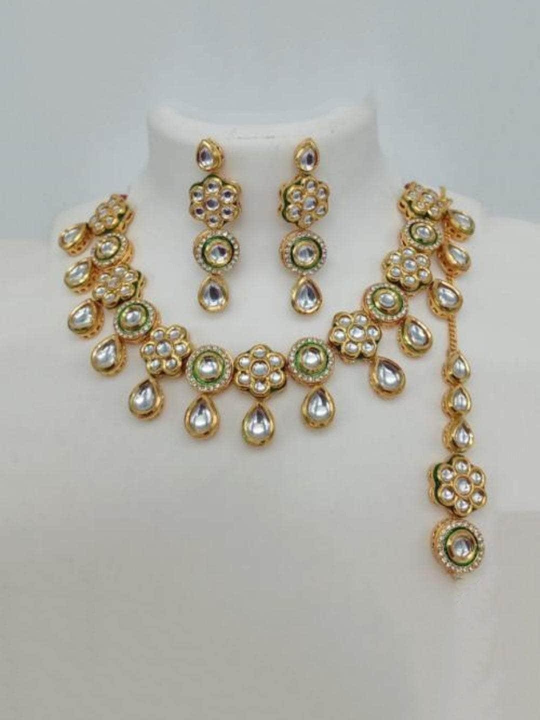 Ishhaara Flower Motif Kundan Ad Necklace Earring And Teeka Set