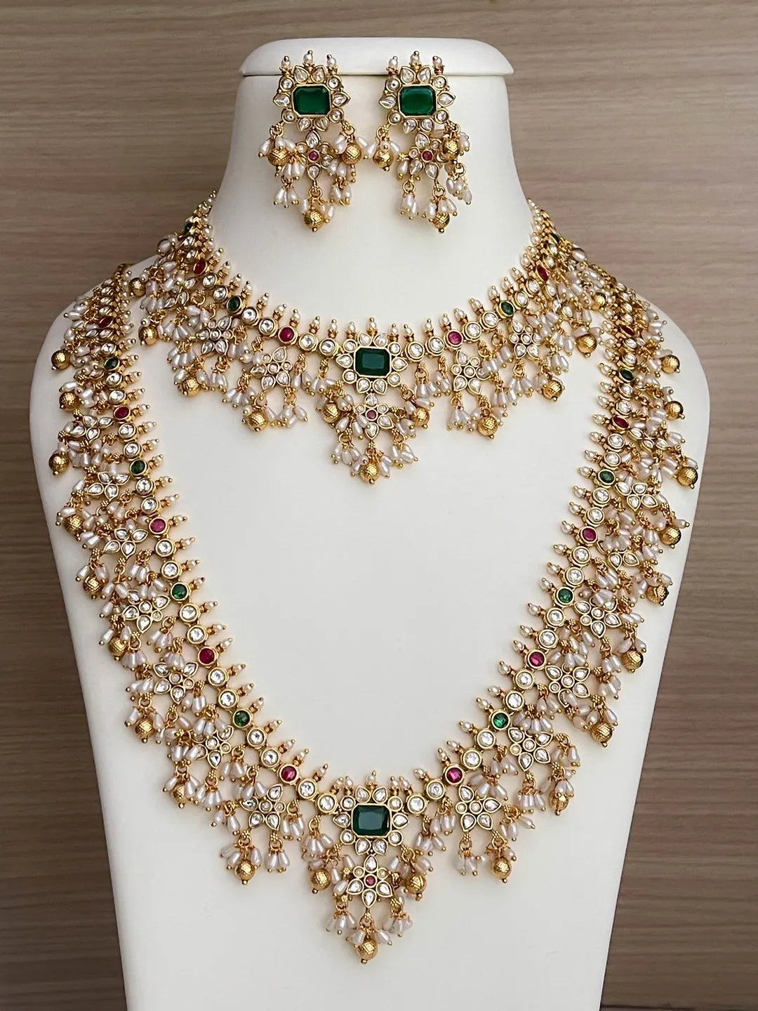 Ishhaara Green Flower Stone Rice Pearl Guttapusalu Choker And Long Necklace