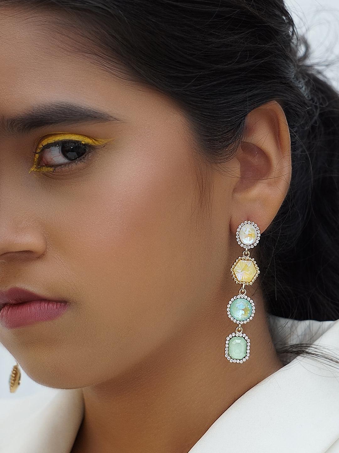 Ishhaara Geometric 4 Tiered Earrings Green