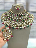 Ishhaara Green Gold Plated Polki Kundan Stone And Beads Choker Necklace Set