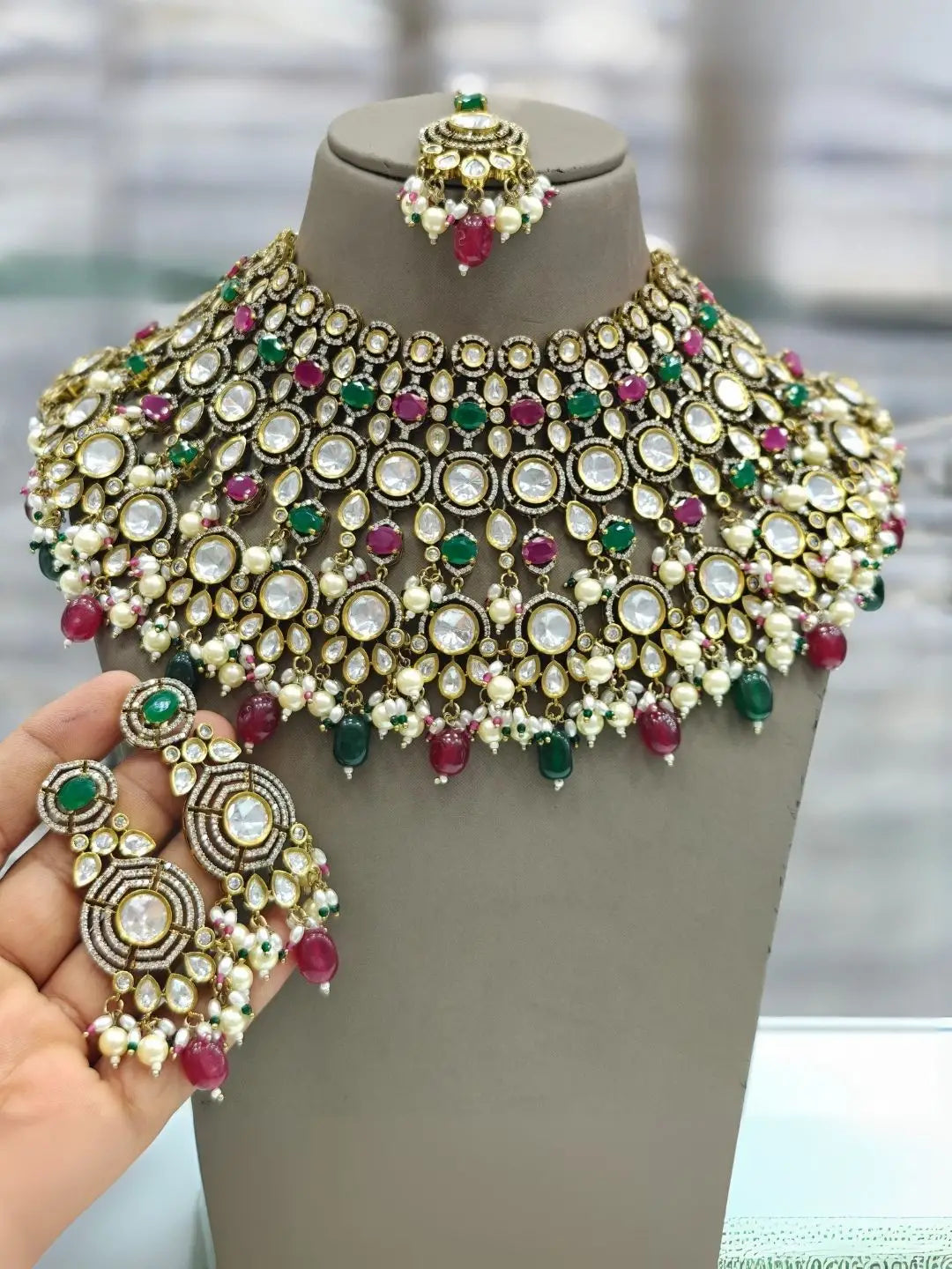 Ishhaara Green Gold Plated Polki Kundan Stone And Beads Choker Necklace Set