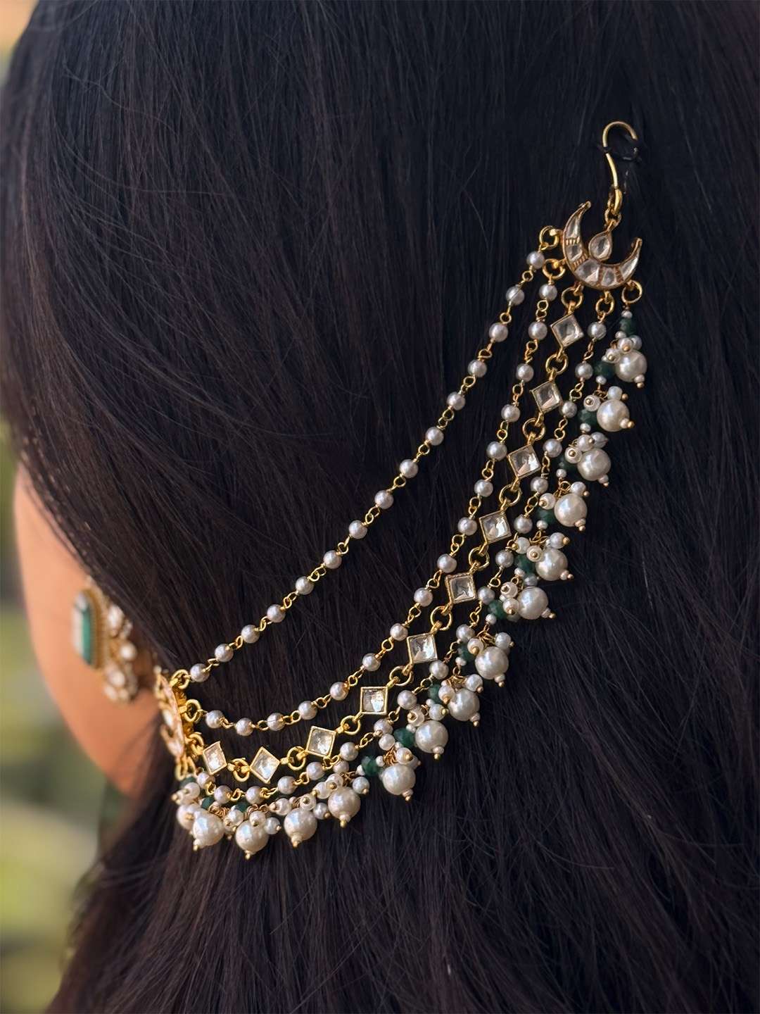 Buy Green Kundan And Pearl Studded Ear Chain Online Ishhaara