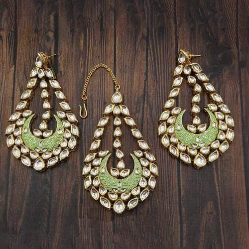 Ishhaara Dark Green Meena Kundan Drop Teeka Earrings Set