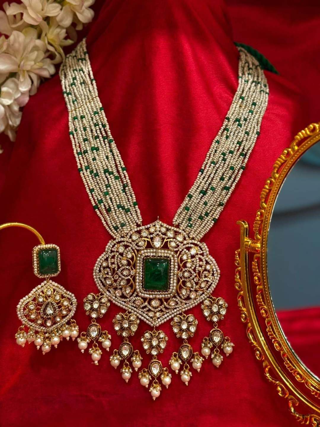 Ishhaara Green Meenakari Multistrand Beaded Bridal Kundan Long Necklace