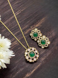 Ishhaara Green Premium Polki Kundan Pendant Necklace With Natural Doublet Stone