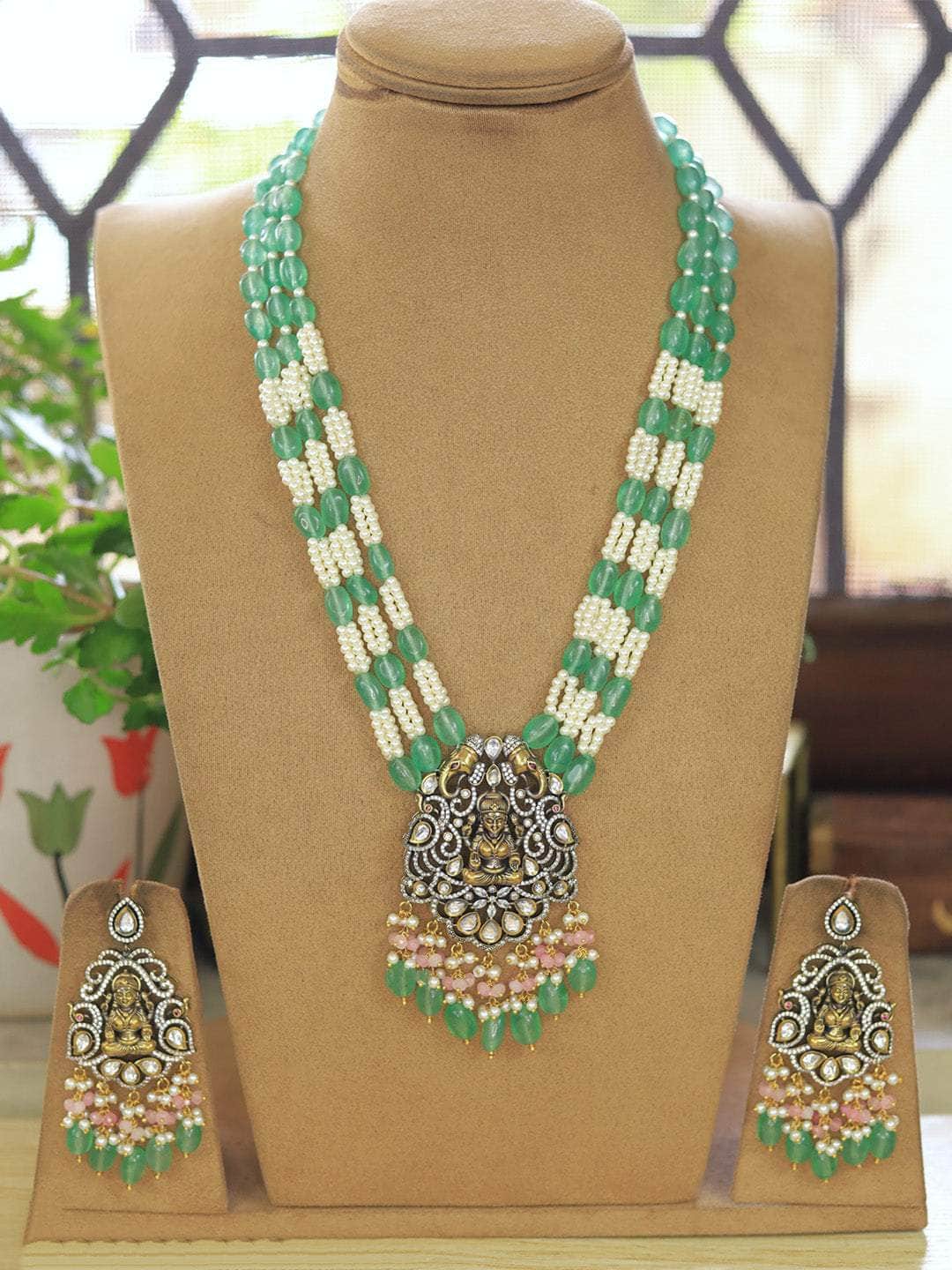 Ishhaara Green Royal Long Necklace With Earrings