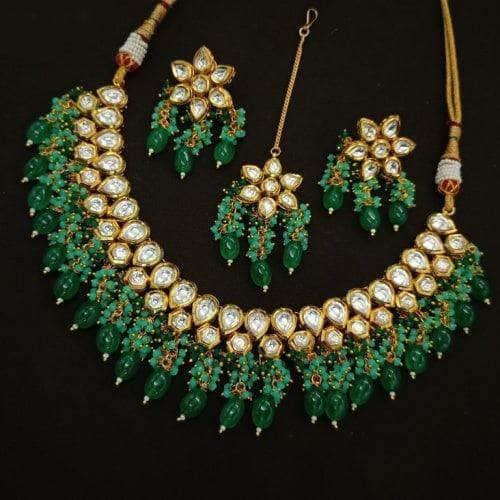 Ishhaara Simple Kundan Beads Necklace Teeka Set