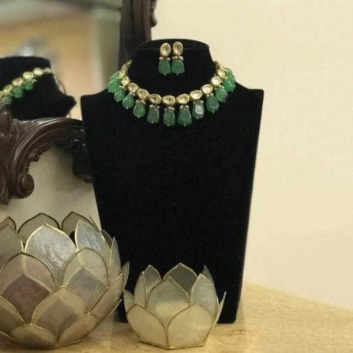 Ishhaara Simple Kundan Colored Beads Necklace And Earring Set