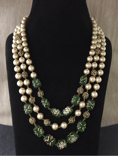 Ishhaara Yellow Triple Layered Pearl Precious Stone Necklace