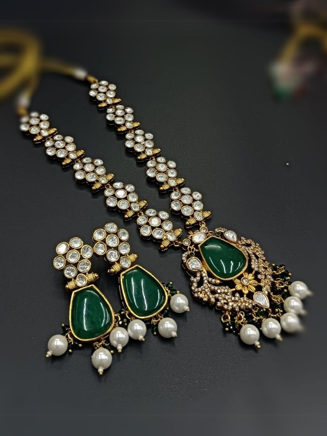 Ishhaara Green Victoriam Diamond Studded Long Necklace