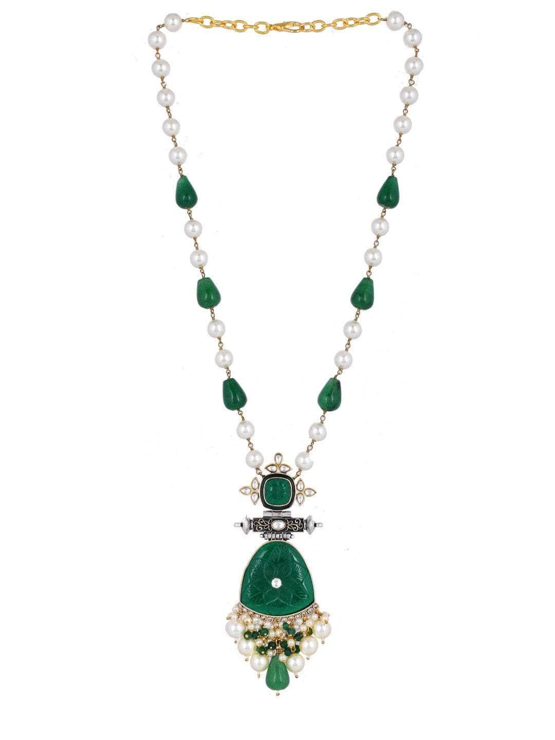 Ishhaara Green And White Beaded Pendant Necklace Set