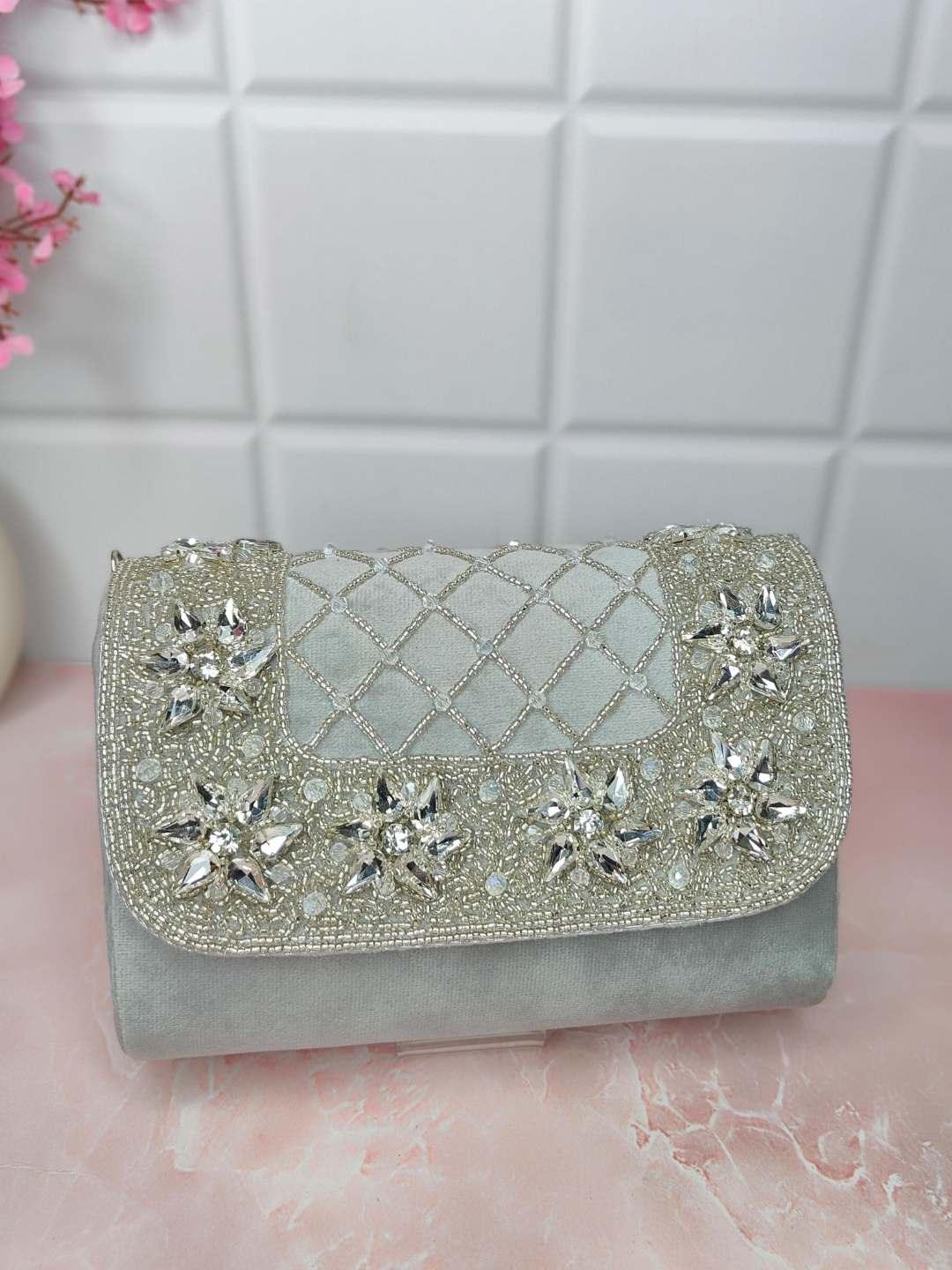 Ishhaara Grey Designer Crystals Stone Seude Fabric Clutch Bag