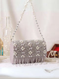 Ishhaara Grey Designer Embroidered Tassel Flap Clutch