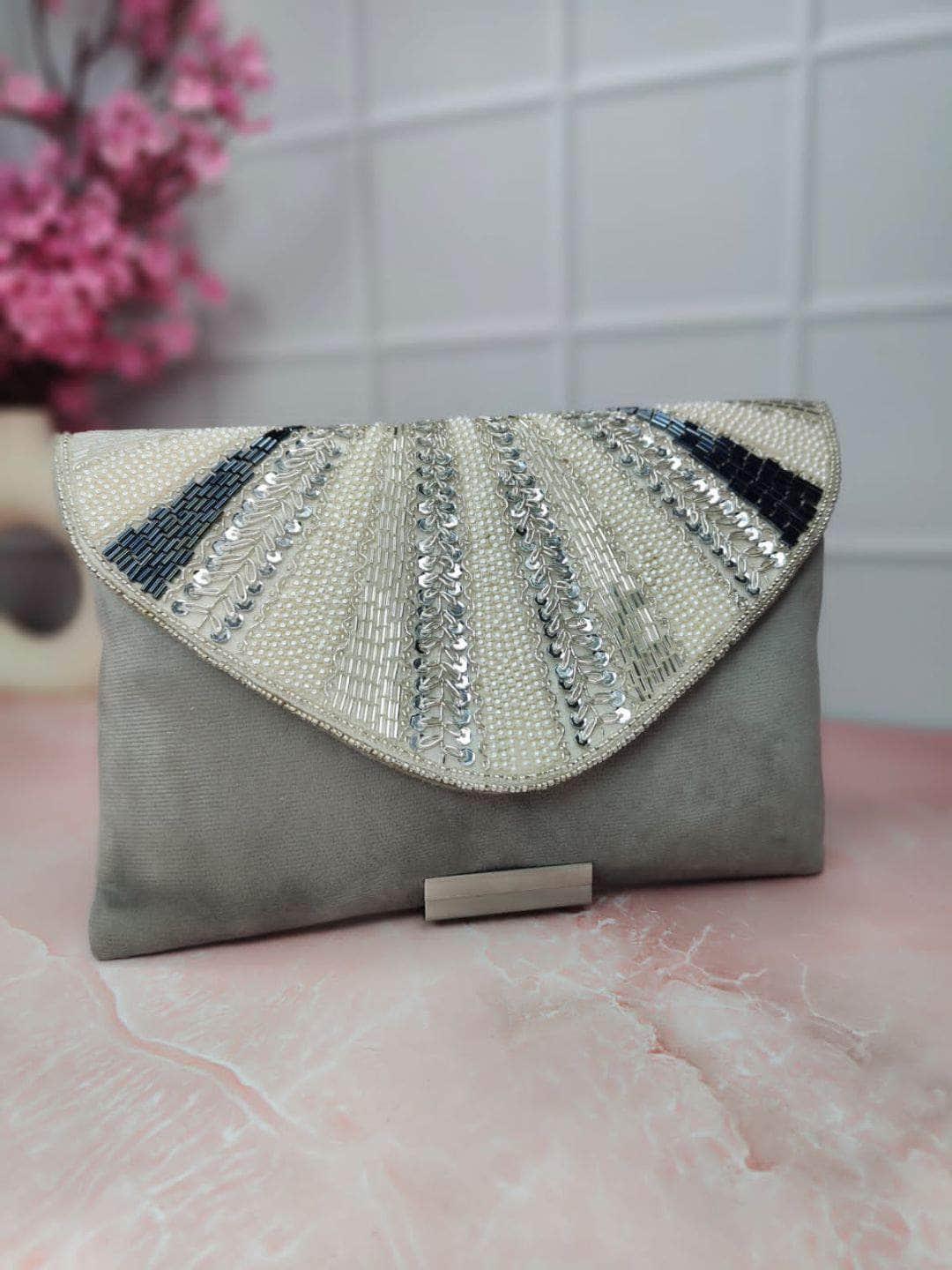 Ishhaara Grey Embellished Clutch with Button Closure