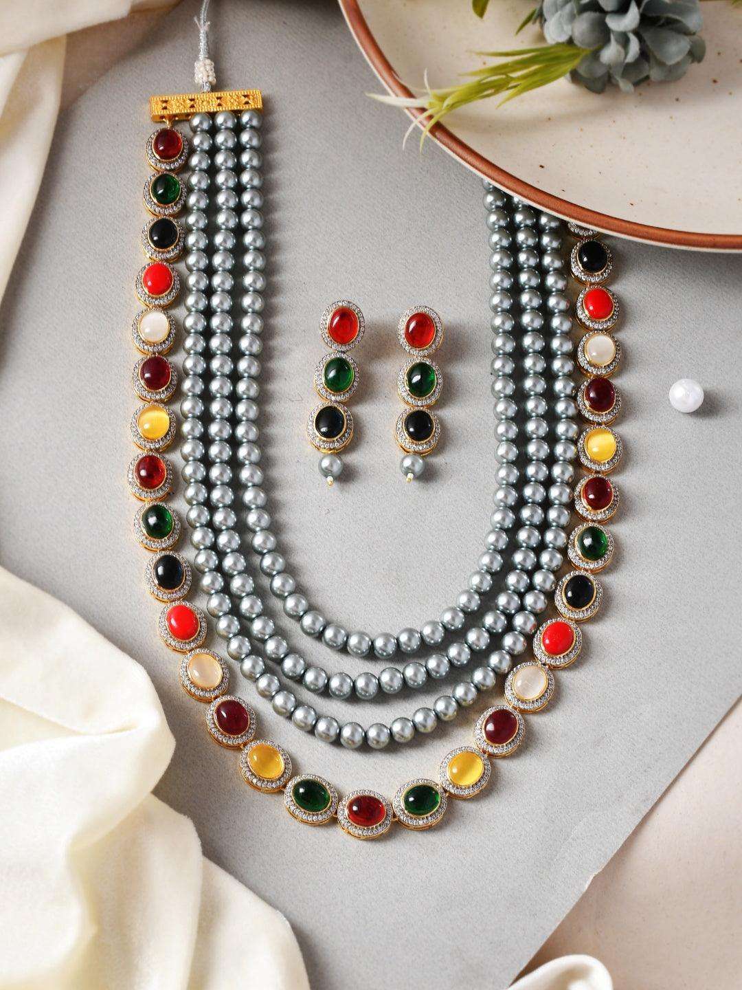 Ishhaara Grey Pearls Layerd Navarathna Necklace