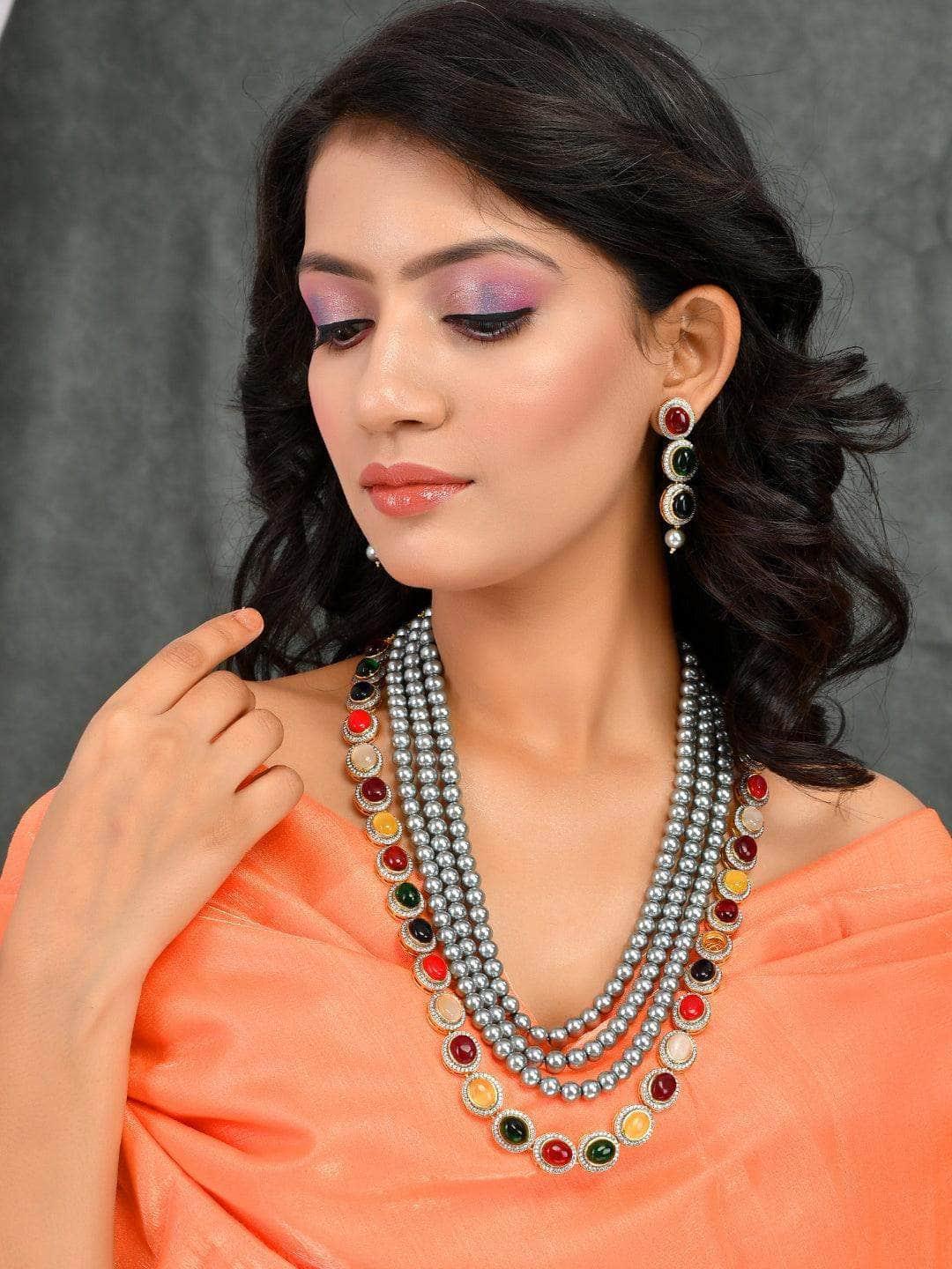 Ishhaara Grey Pearls Layerd Navarathna Necklace