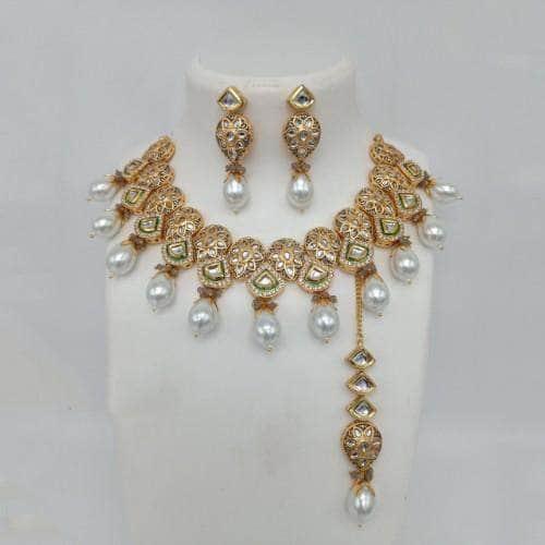 Ishhaara Dark Green Triangular Meena Kundan Drop Necklace Set