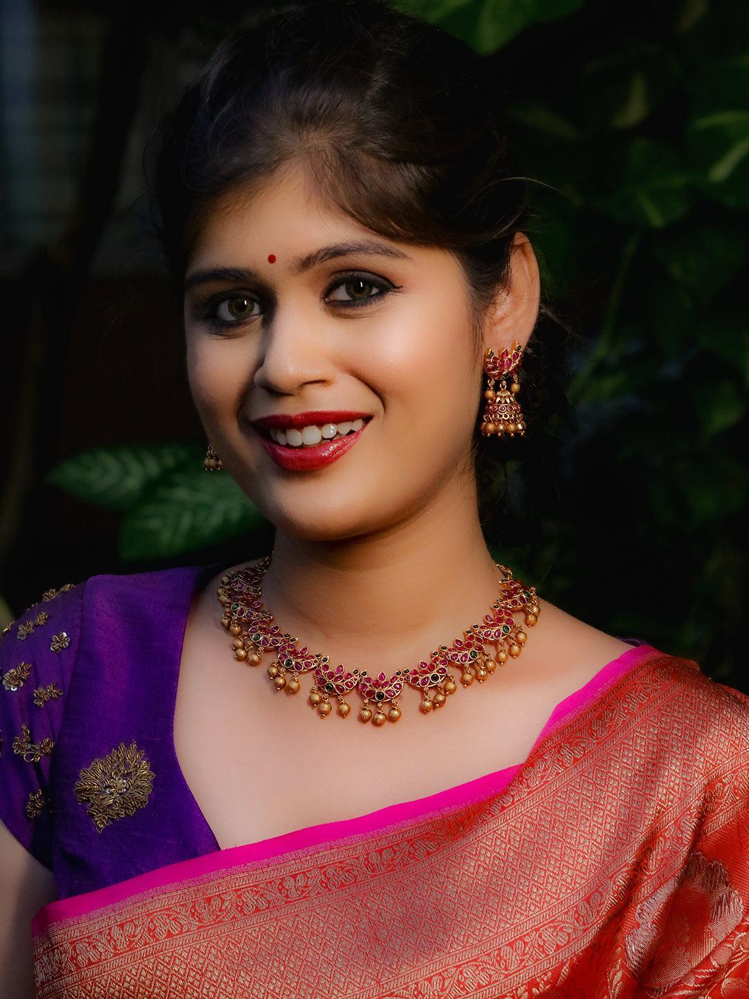 Ishhaara Halfmoon Kempu Necklace With Jhumka Earring Set