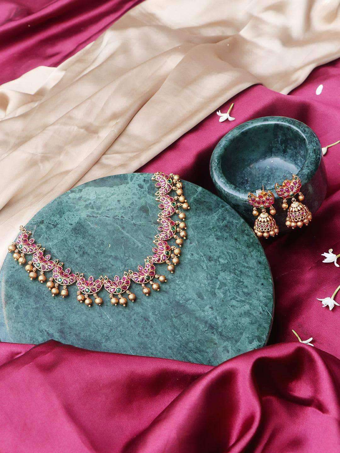 Ishhaara Halfmoon Kempu Necklace With Jhumka Earring Set