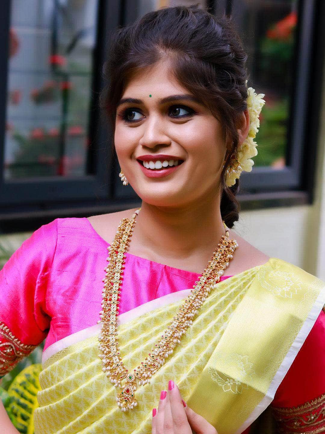 Ishhaara Kempu Pearl Long Necklace Temple Jewellery Set