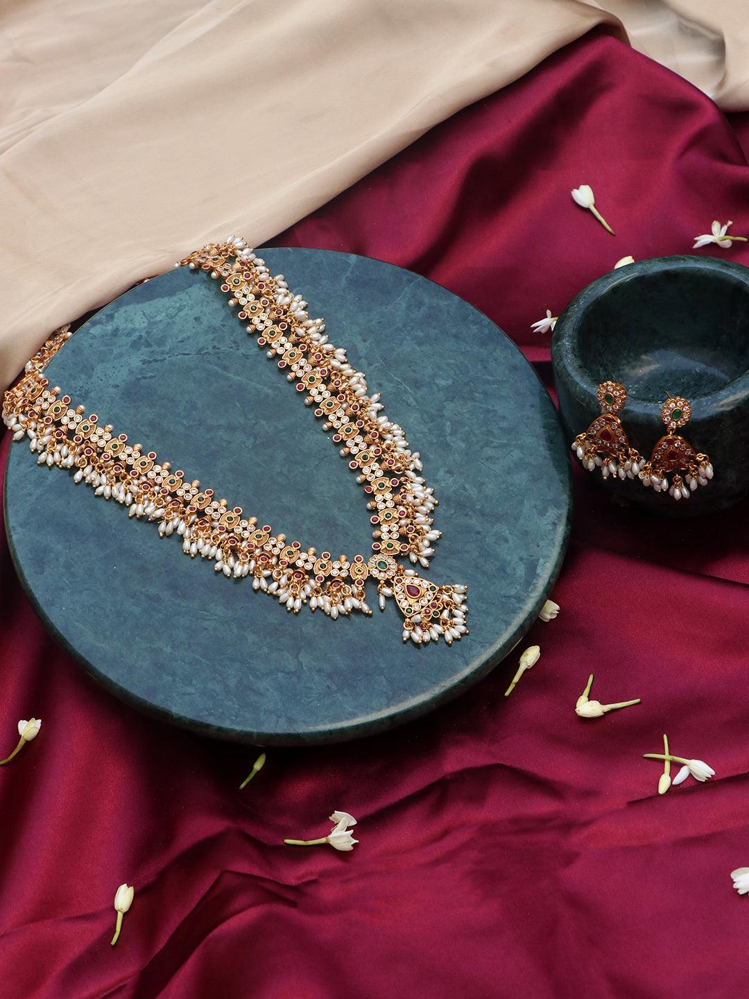 Ishhaara Kempu Pearl Long Necklace Temple Jewellery Set