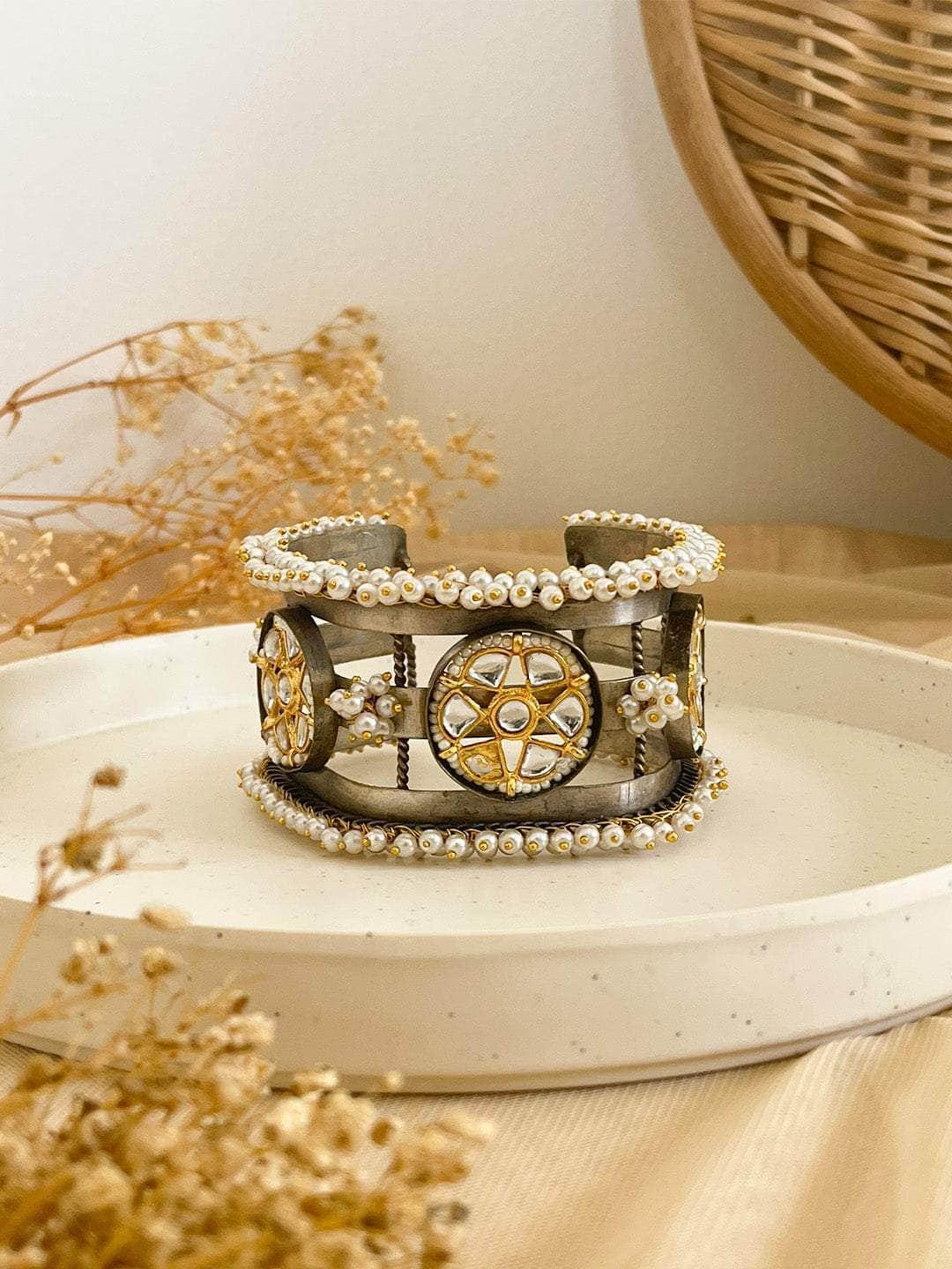 Ishhaara Kundan And Pearl Studded Oxidized Bracelet