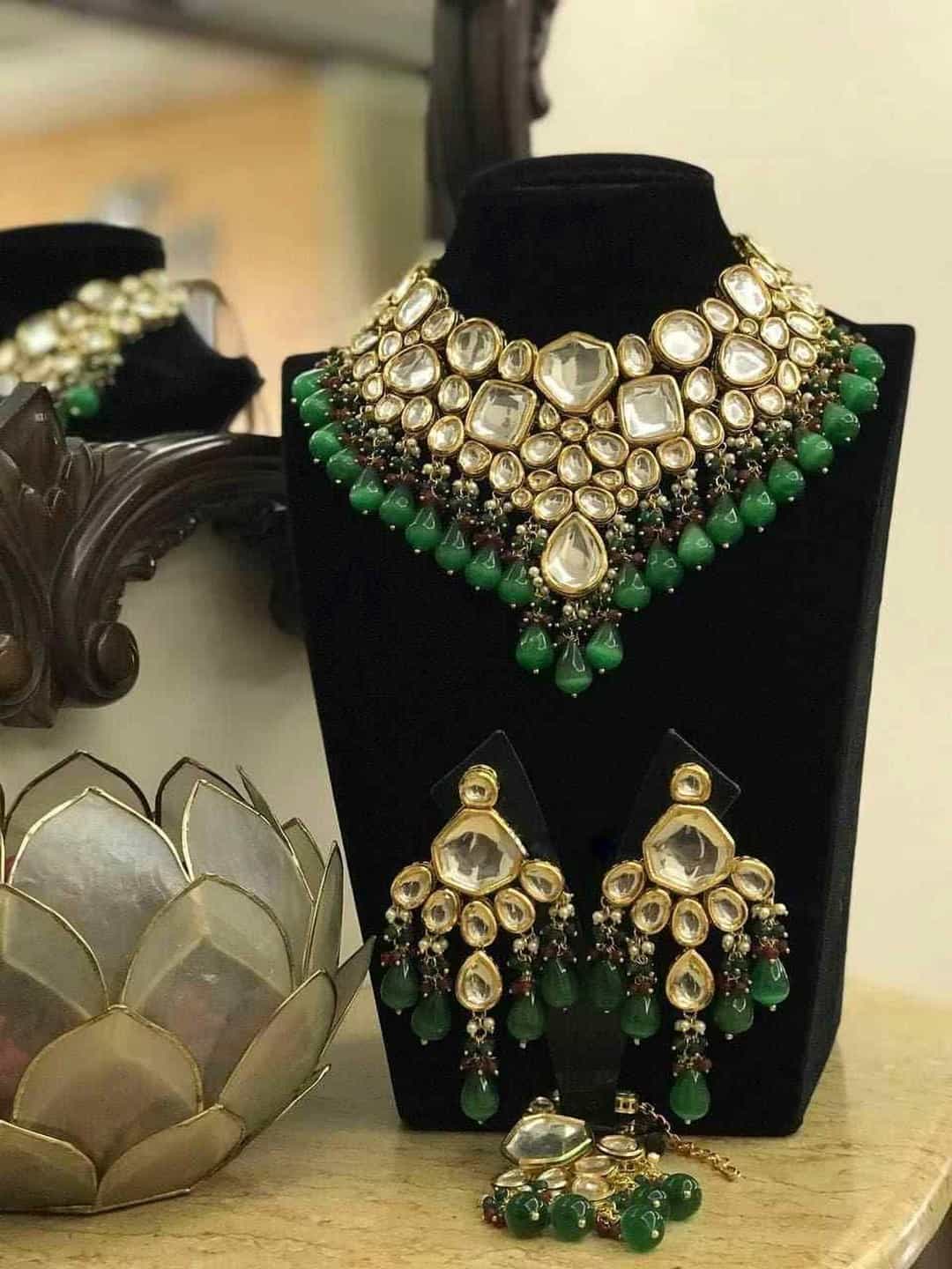 Ishhaara Light Green Kundan Bridal Necklace with Teeka