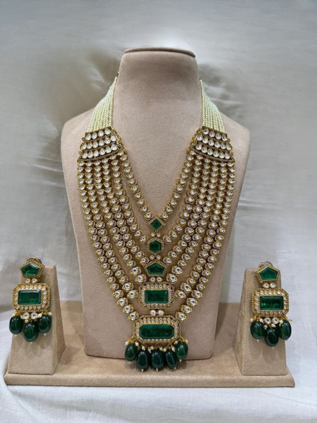 Layered Emerald Moissanite Polki Necklace Set - Main Image