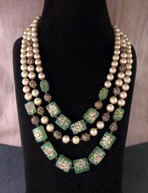 Ishhaara Triple Layered Pearl Precious Stone Necklace